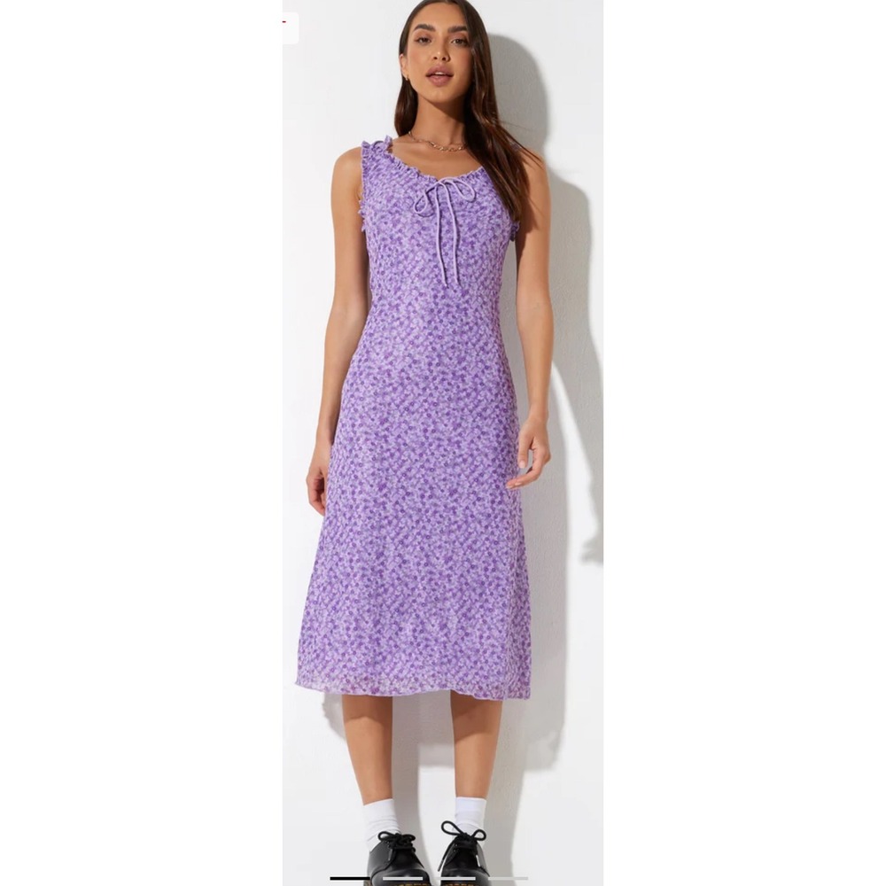 Motel Rocks Geya Dress Daisy Floral Lilac Purple Mesh Midi Ruffle‎ Tie Small NEW